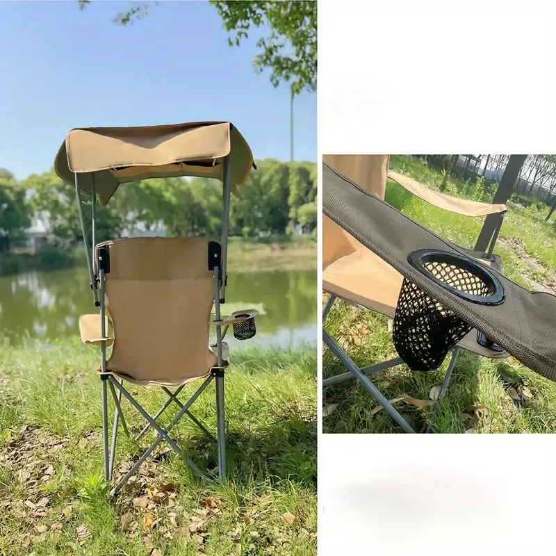 Foldable Camping Chair with Sunshade and Armrest – Outdoor Portable Fishing & Picnic Chair, Adult Steel Bracket, Durable Oxford Fabric Seat, Cup Holder – Leisure Chair for BBQ & Camp Activities