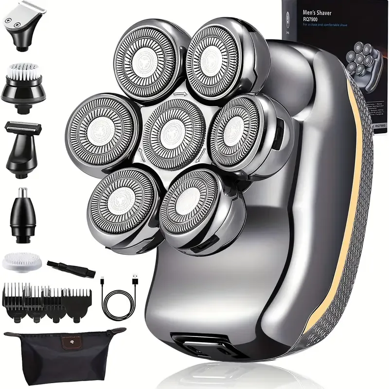 Men's Electric Head Shaver Razor, Men's Shaver - Rechargeable Cordless Hair Shaving Razors For Bald Men, 6 In 1 Wet Dry Beard Trimmer Body Hair Cutting Clipper Grooming Kit, 7 Rotary Heads, Holiday Gift Father's Day Gift