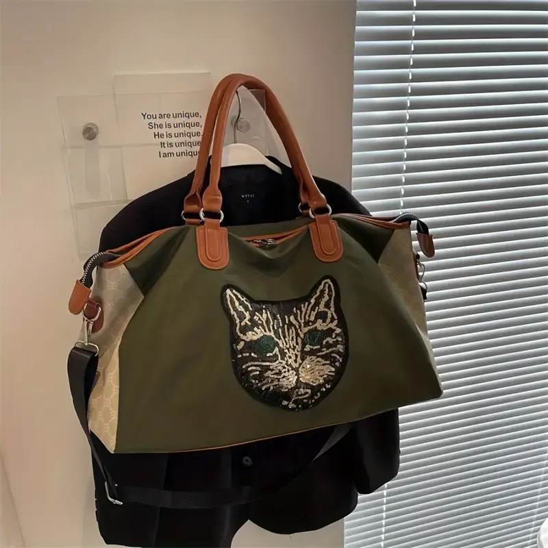 Large Capacity Sequins Cat Pattern Luggage Handbag, Versatile Portable Duffle Bag, Short Distance Zipper Storage Bag