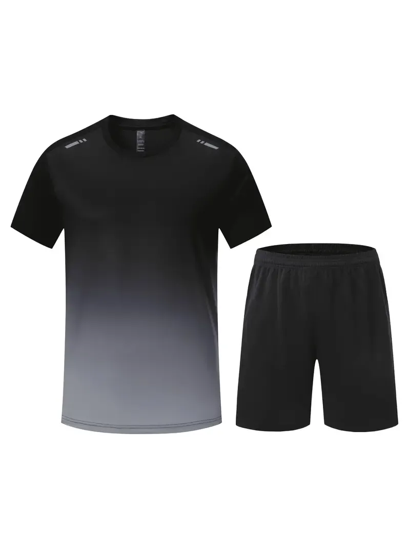 Men's Quick-Dry Gradient Sports Set - 2pcs, Short Sleeve T-Shirt & Shorts for Running, Fitness & Casual Wear