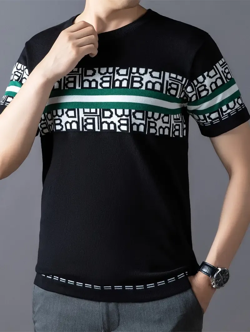 Men's Geometric Graphic Print Knitted Pullover, Casual Short Sleeve Crew Neck Sweater For All Seasons
