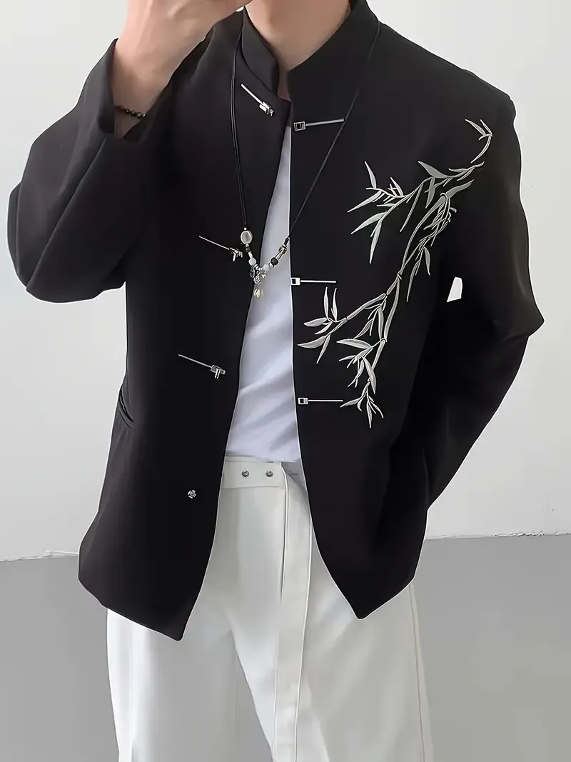 Chic Spring/Summer Design Men's Traditional Chinese Style Jacket with Bamboo Leaf Embroidery - Relaxed Fit, Long Sleeves, Single Button Closure, and Pockets