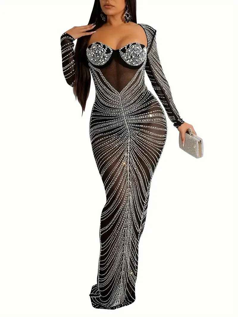 Rhinestone See Through Dress, Elegant Long Sleeve Backless Floor Length Bodycon Dress For Party & Banquet, Women's Clothing