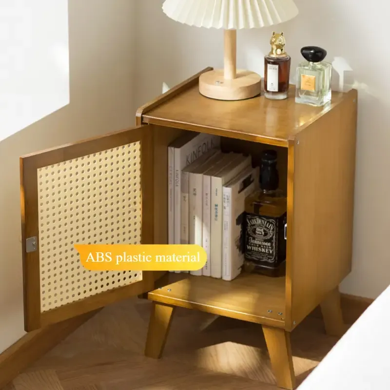 Boho Chic Imitation Rattan Nightstand - Versatile Side Table with Solid Wood Legs for Bedroom, Dorm & Small Spaces