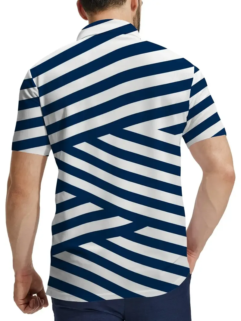 Men's Fashion Blue And White Striped Digital Print Golf Shirt, Short Sleeve Lapel Tennis Tees, Casual Comfortable Versatile Tops For Summer Outdoor Sports
