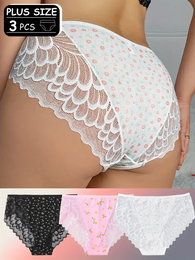 3pcs Plus Size Women's Lace Briefs