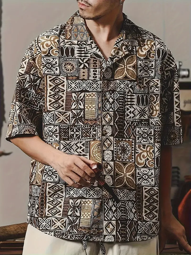 Creative Print Men's Summer Fashionable And Simple Short Sleeve Button Casual Lapel Simple Shirt, Trendy And Versatile, Suitable For Dates, Beach Holiday, As Gifts