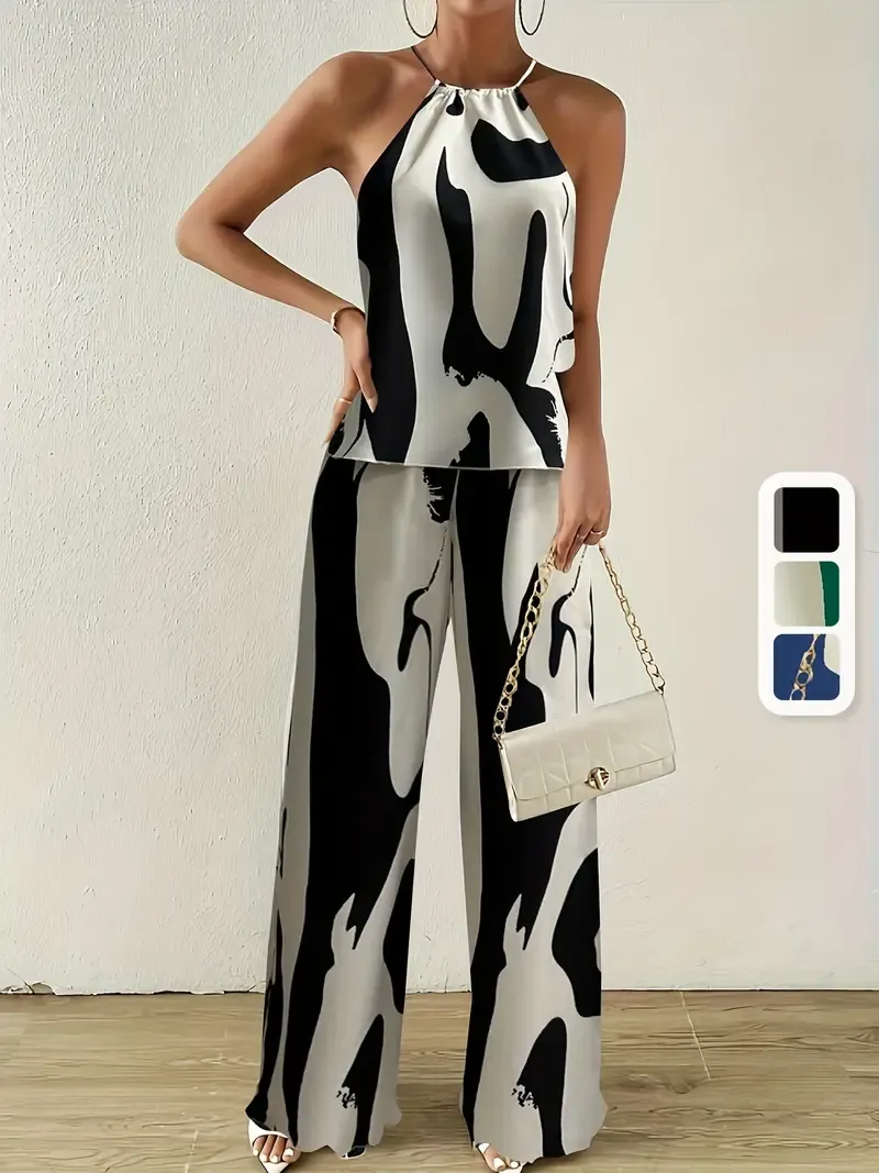 For Spring & Summer, Wide Leg Loose Pants & Ruched Halter Neck Blouse, Vacation Style Abstract Print Pants Set