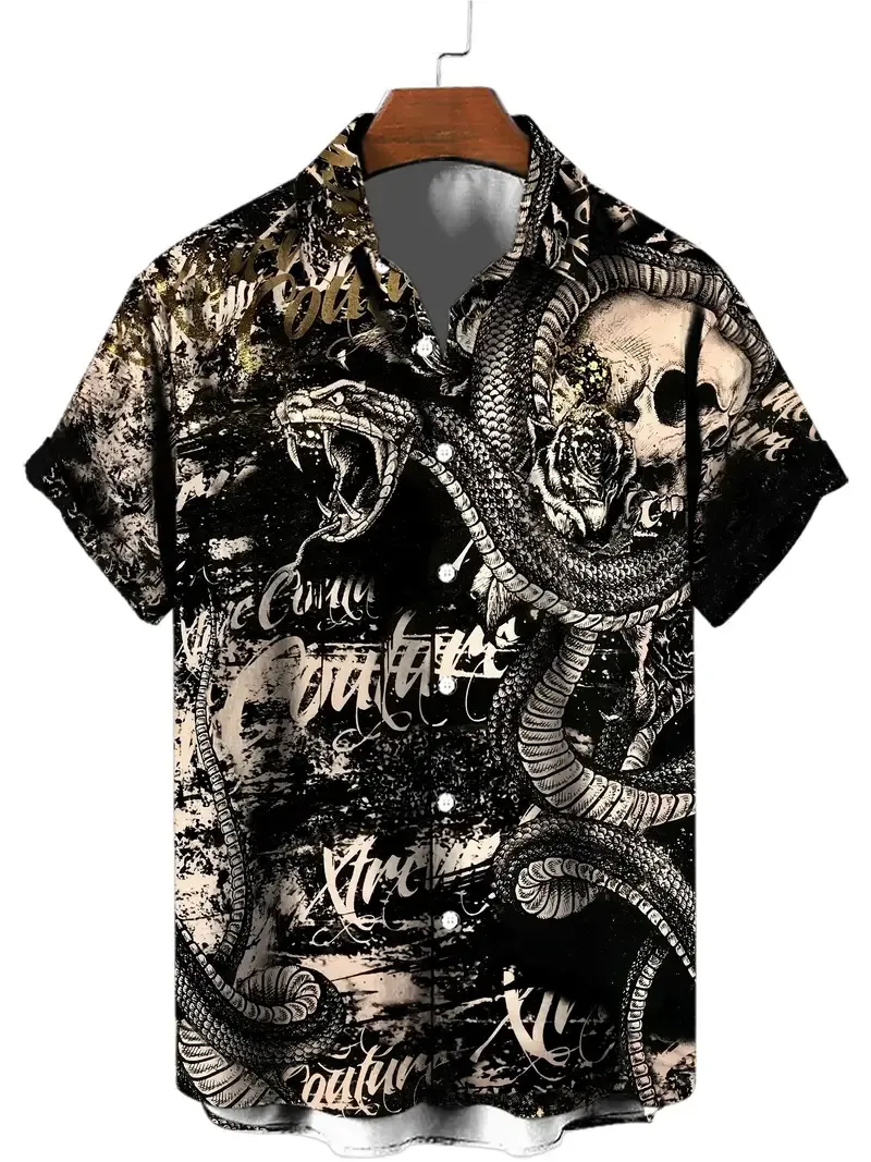 Men's 3D Skull Patten Print Fashion Short Sleeve V-neck Button Down Shirts, Men's Summer Clothes, Casual Graphic Tops, Men's Novelty Pajamas Tops
