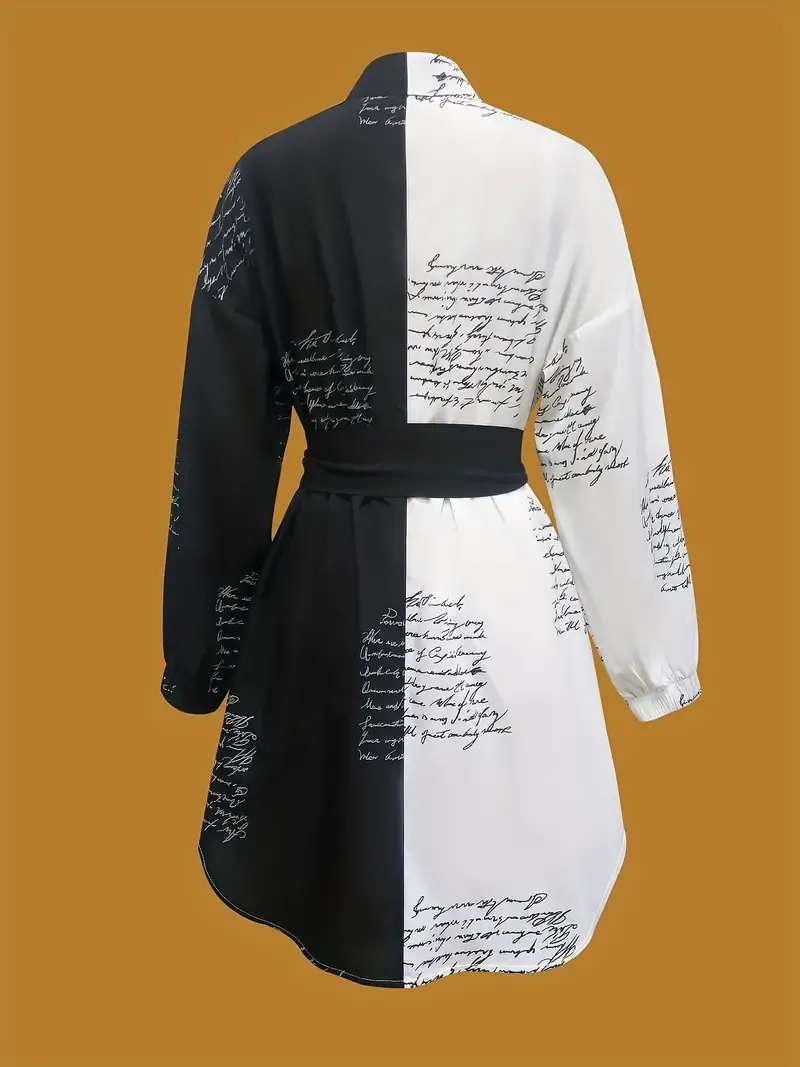 Color Block Button Front Shirt Dress, Casual Long Sleeve Belted Dress, Women's Clothing