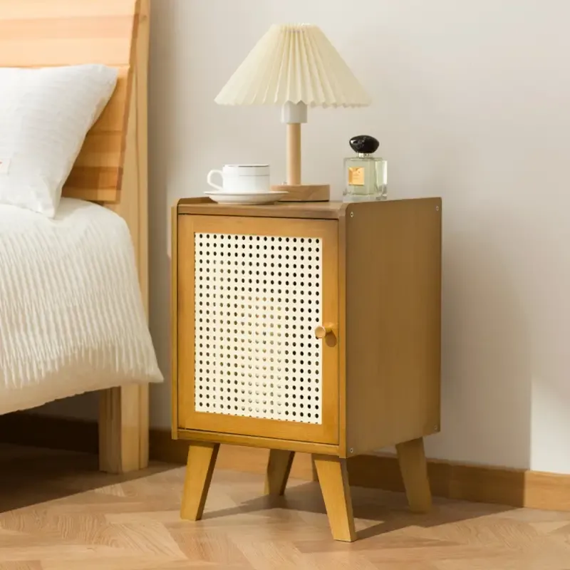 Boho Chic Imitation Rattan Nightstand - Versatile Side Table with Solid Wood Legs for Bedroom, Dorm & Small Spaces