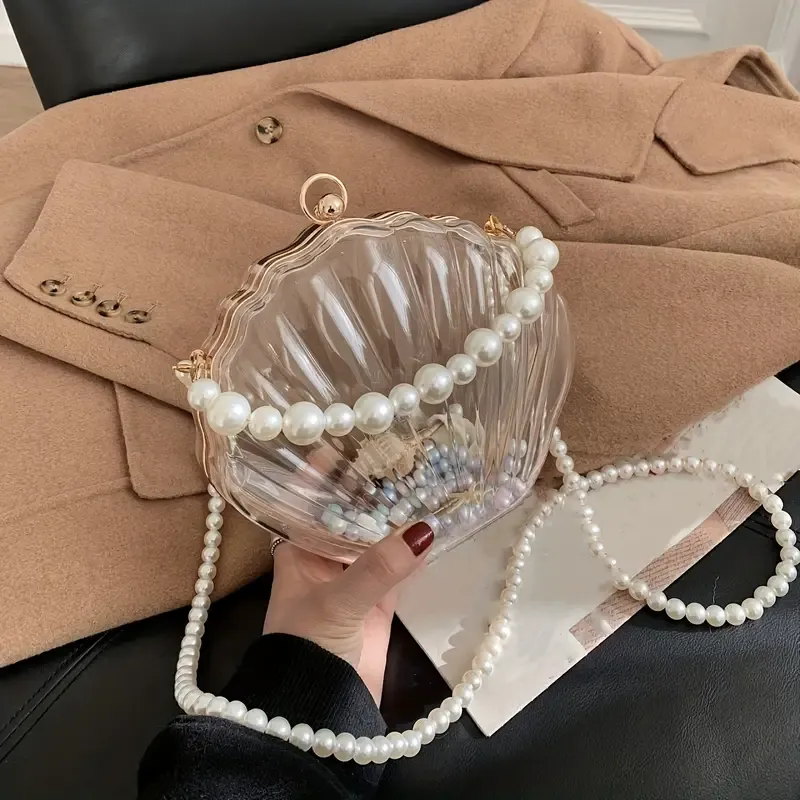 Transparent Elegant Acrylic Shell Pearl Chain Crossbody Clutch – Fashionable Handbag for Special Occasions