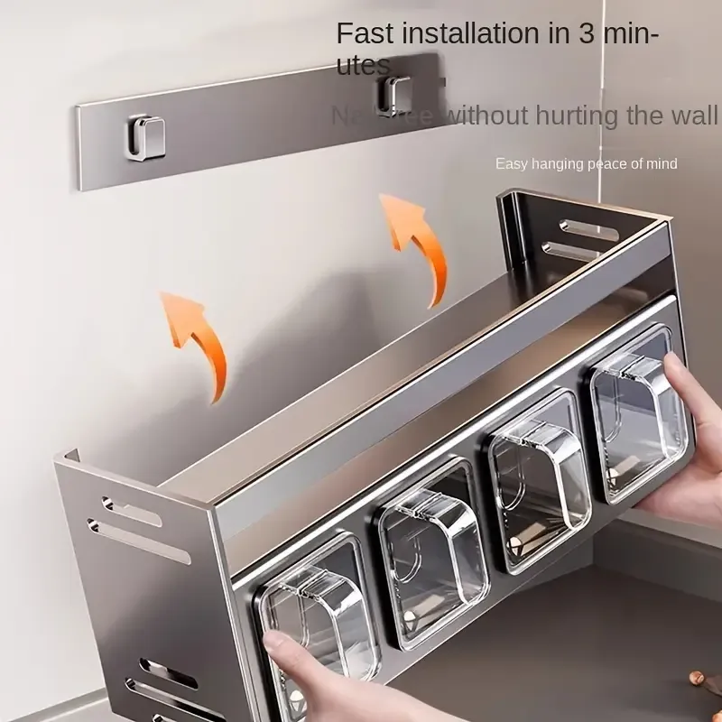 1pc Durable Aluminum Wall-Mounted Kitchen Organizer with Seasoning Containers and Jars - No-Drill Installation for Home and Restaurant Use