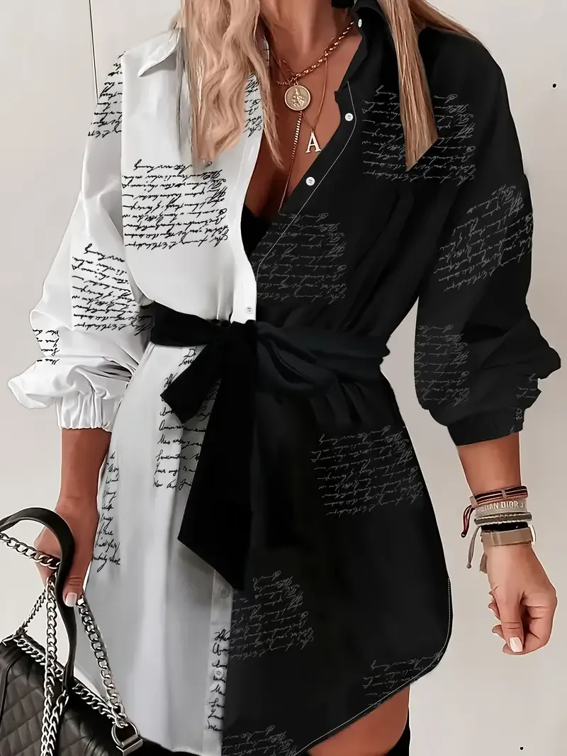 Color Block Button Front Shirt Dress, Casual Long Sleeve Belted Dress, Women's Clothing