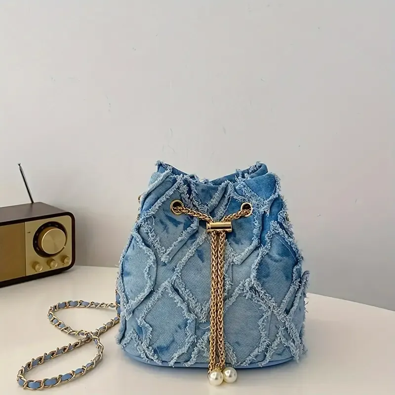 🔥🔥Hot Sale Promotion -Chic Denim-Style Bucket Bag with Faux Pearl Accent & Metal Chain Strap - Spacious Crossbody for Women, Perfect for Shopping & Dates