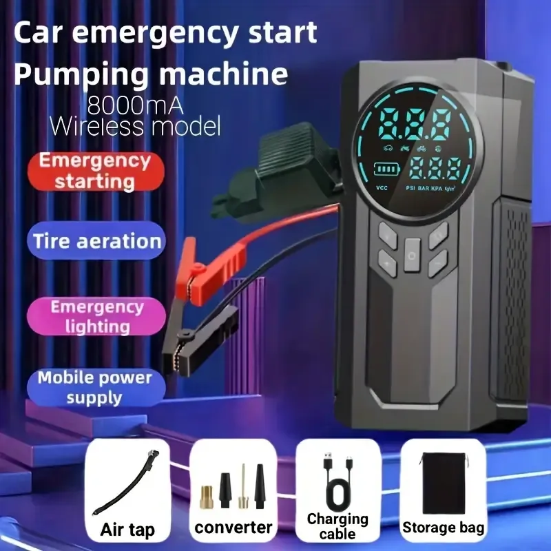 Portable Cordless Car Battery Emergency Starter with Tire Air Pump, LED Display, Flashlight, Mobile Power Supply, and Large Capacity Storage - 8800mAh Lithium Battery