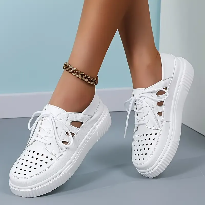 Chic Women's Breathable Sneakers - Comfortable Lace-Up Casual Shoes With Hollow Design, Soft Sole For Spring & Fall