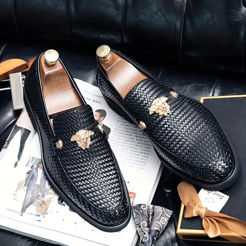 Men's Classic Slip-On Loafers with Decorative Metal Accents - Universal Fit, Solid Color, Low Top Oxfords with PU Upper, Inner & Insole, Durable Rubber Sole - Stylish Business Casual Derby Shoes