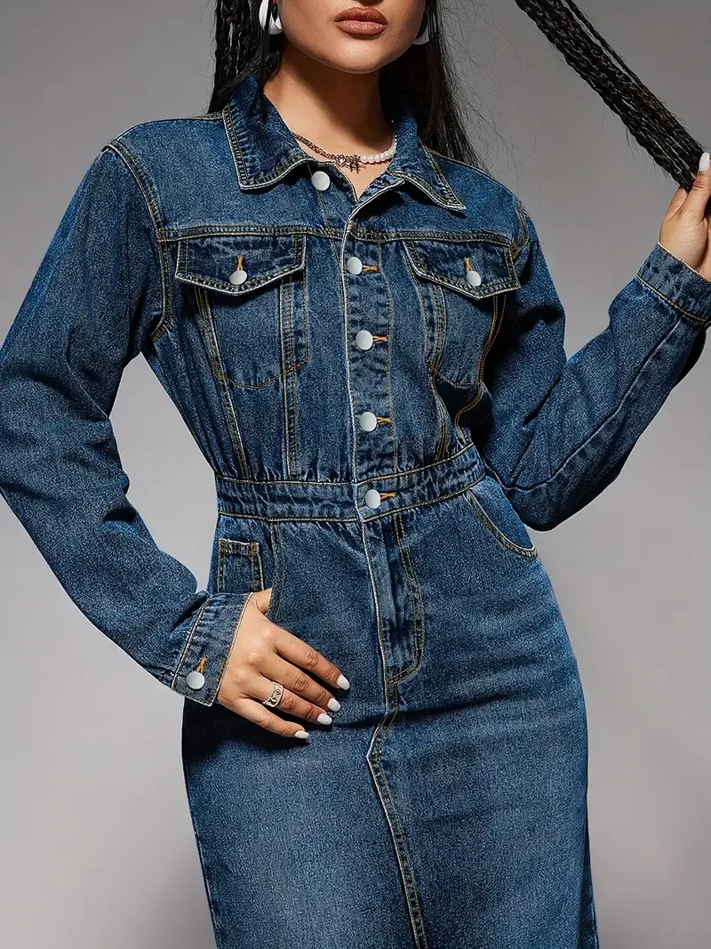 Women's Straight Fit Long Sleeve Denim Dress, Elegant Casual Slim Dress, Women's Clothing & Denim