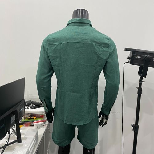 European and American men's linen summer lapel long-sleeved green shirt shorts two-piece casual suit