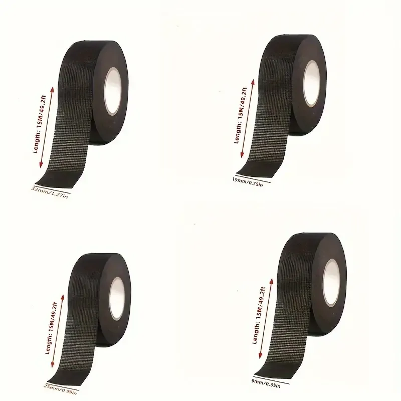 4-Pack Black Fabric Adhesive Tape for Speaker Wiring Harnesses, Uncharged Power Mode, Universal Driving Position, Noise Reduction, Heat Insulation, Car Wire Management, 15mm x 15m Without Battery