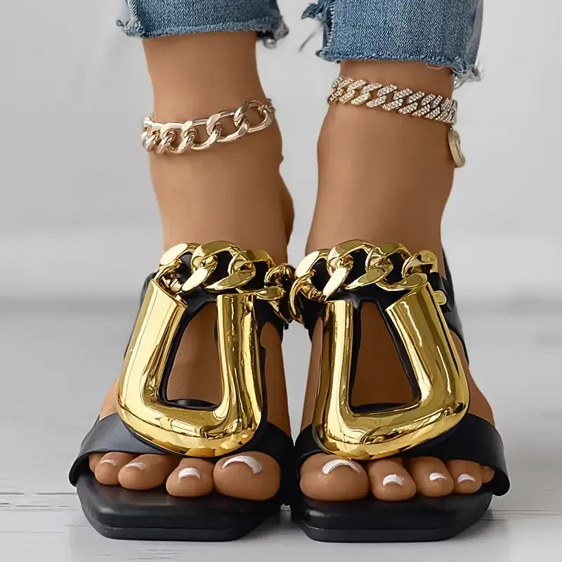 Women's Metal Chain Decor Flat Slides, Square Open Toe Non Slip Slide Sandals, Outdoor Versatile Slides