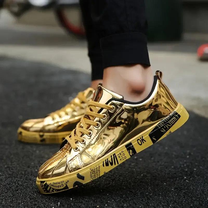 Unisex Metallic Golden Skateboarding Sneakers Low Top Lace-Up Casual Board Shoes with PU Upper and Sole, Fabric Interior – Trendy Streetwear Footwear for All