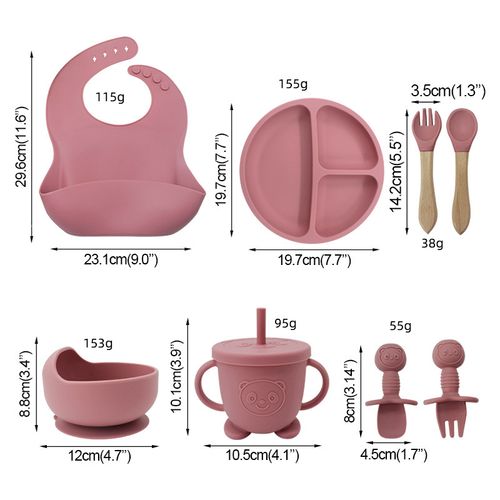 6pcs Silicone Youngsters Feeding Set with Strong Suction - Includes Divided Plate, Wooden Spoon & Fork, Microwave Safe - Perfect for Self-Feeding Youngsters