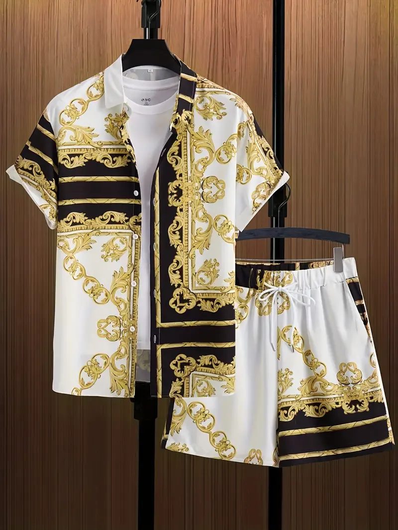 2Pcs Men's Retro Pattern Print Hawaii Shirt And Drawstring Shorts Set, Casual Lapel Button Up Short Sleeve, For Summer
