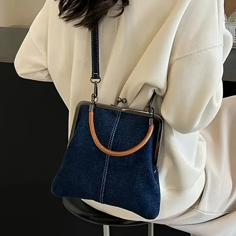 Chic Denim Crossbody Bag for Women with Twist Lock Closure, Detachable Strap & Tassel Accent - Handwashable, Lightweight Fashion Shoulder Purse