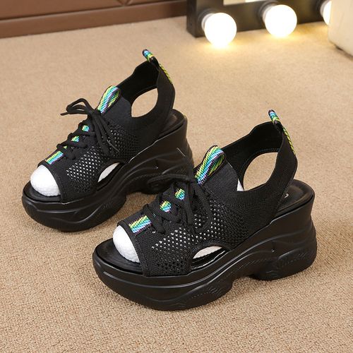 Women's Fashion Knitted Wedge Sandals, Casual Peep Toe Lace Up Platform Shoes, Versatile Summer Outdoor Sandals