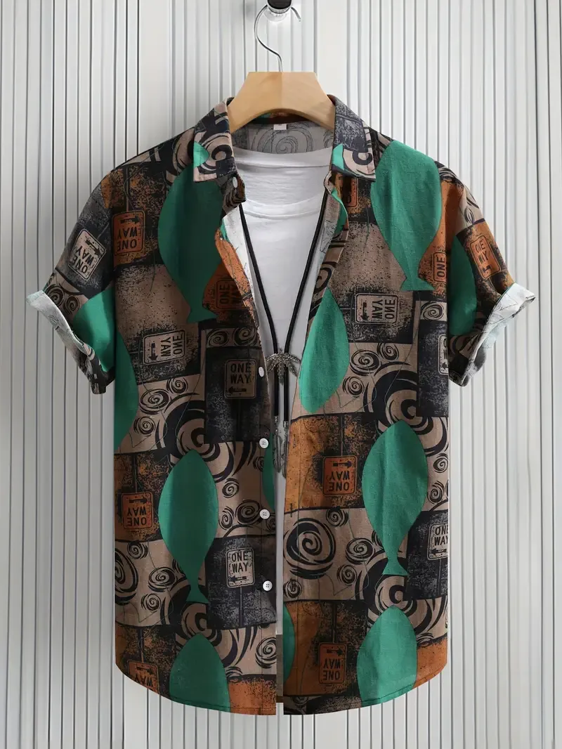 Men's Color Block Geometric Graphic Print Shirt, Casual Lapel Button Up Cotton Blend Short Sleeve Shirt For Summer Outdoor Activities
