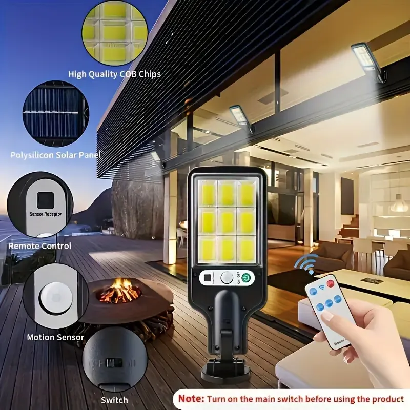 1pcs Outdoor Solar 108COB Sensor Street Lamp, Human Induction Light with Remote Control, IP65 Waterproof 3 Light Modes, Security Light, for Garden Patio Path Exterior Wall Porch Street Lighting