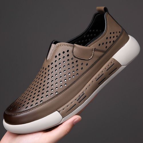 2025 Summer New Men's Hollow-out Breathable Leather Sandals, Men's Clogs, Round Toe Casual Leather Slip-on Shoes