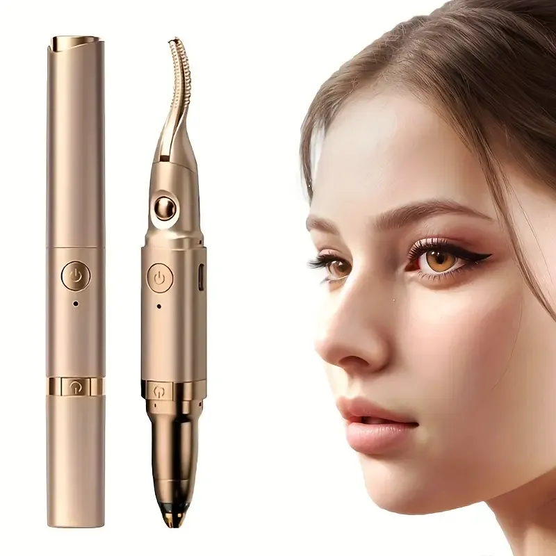 2-in-1 Heated Portable Lipstick-Shaped Eyelash Curler and Electric Eyebrow Trimmer, Multi-Functional Eye Makeup Tool with Heat, Brow Shaper, Nose Hair Trimmer, Dual-Purpose Beauty Instrument