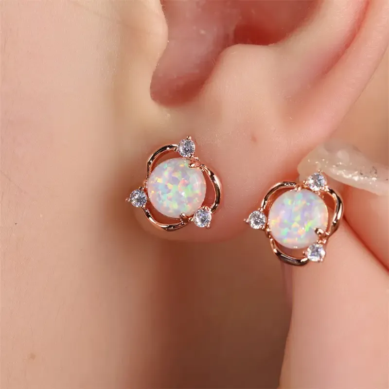 Copper Exquisite Stud Earrings with Opal, Tiny Flower Design, Elegant Vintage Style for Valentine's Day Gift