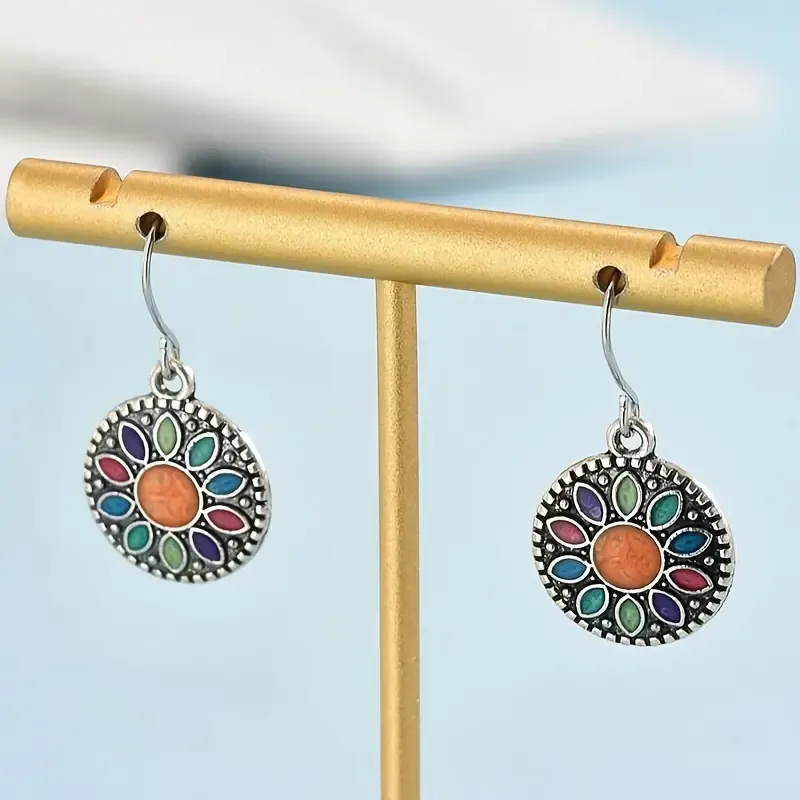 🔥🔥Hot Sale Promotion -Vintage Round Oil Drop Flower Dangle Earrings For Women, Alloy & Copper Earring Set, Retro Elegant Jewelry For Daily Wear