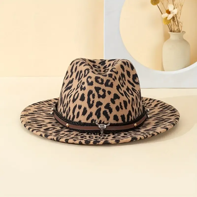 Unisex Leopard Print Hat With Detachable Bull Head Brown Faux Leather Rivet Detail, Vintage Fashion, Flat Brim Felt Hat, All-season Accessory, Ideal For Daily Outings, Outdoor Leisure, Sun Protection, Festive Gifts, Party Fashion