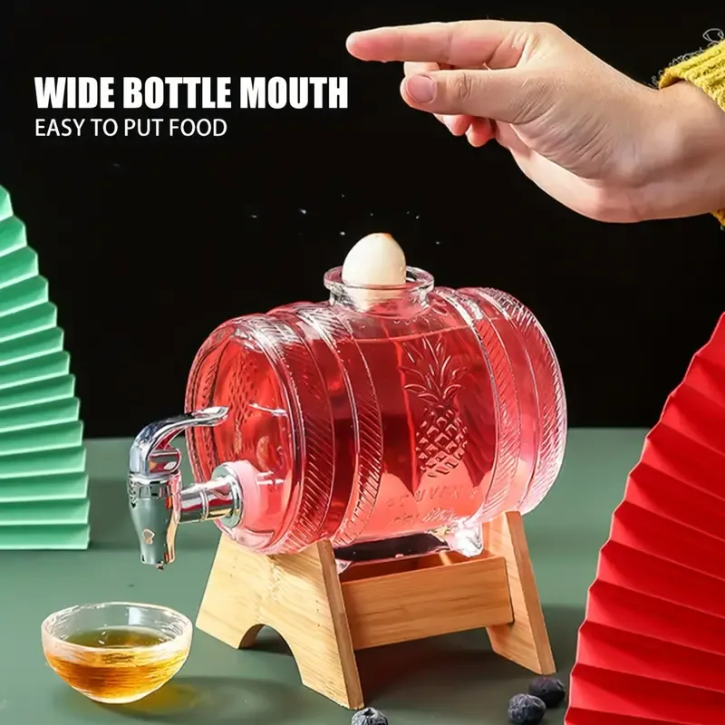 Thickened Transparent Glass Barrel with Spigot: 1000Ml Capacity, ABS Base, And Cork Stopper - Perfect for Serving Beverages at Parties Or Gatherings