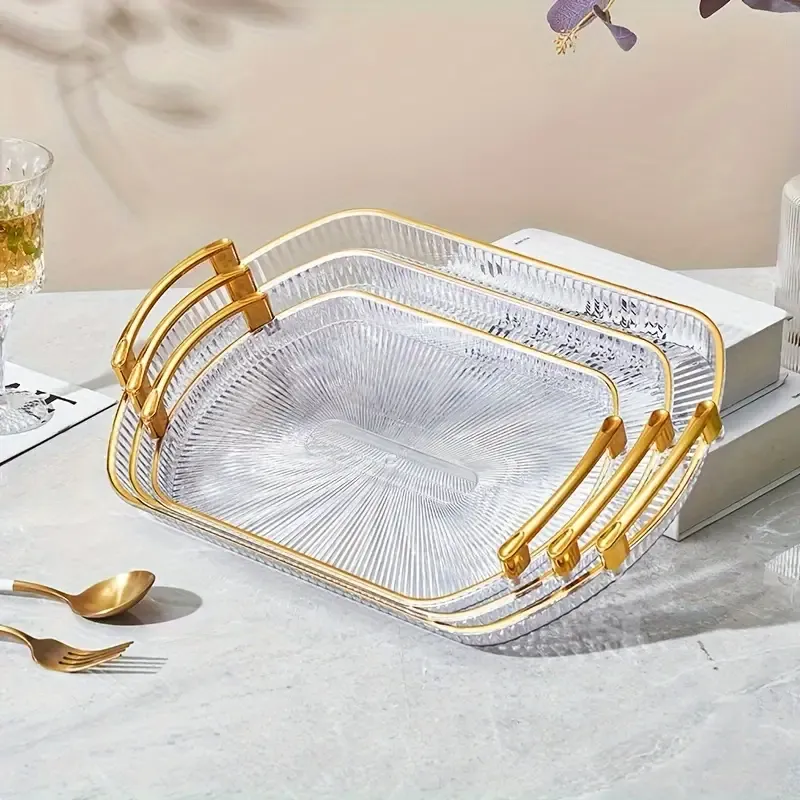 3pcs European Style Gold-Rimmed Acrylic Serving Tray, Rectangular Decorative Platter with Handles for Fruit, Tea, Desserts, and Jewelry Display