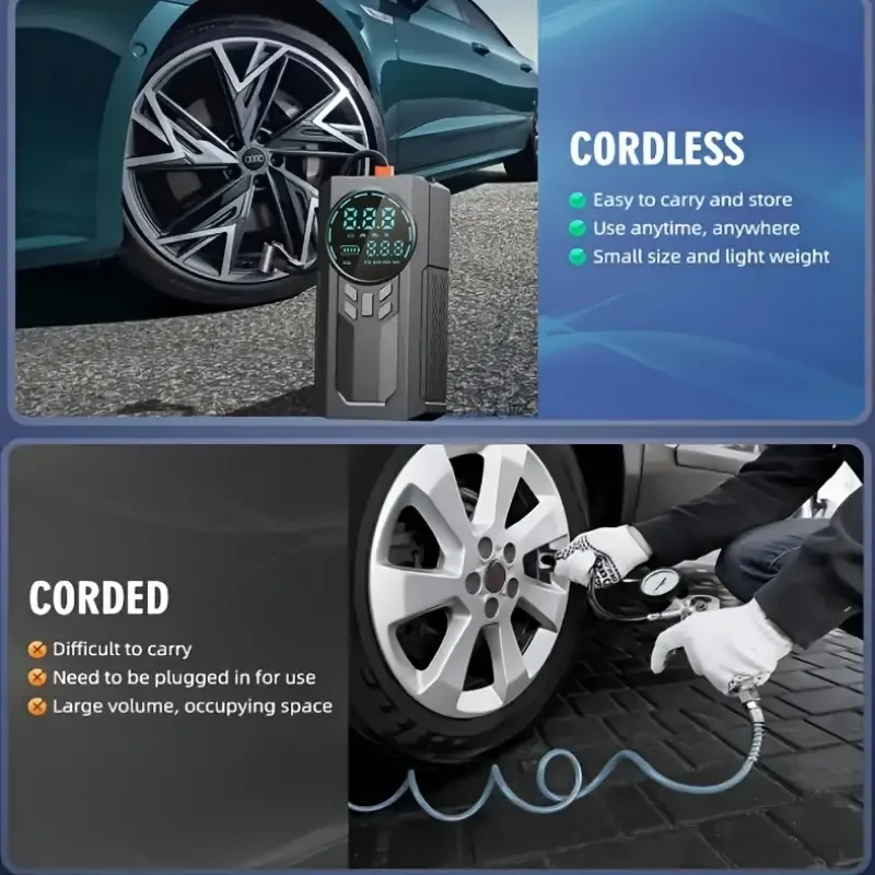 Portable Cordless Car Battery Emergency Starter with Tire Air Pump, LED Display, Flashlight, Mobile Power Supply, and Large Capacity Storage - 8800mAh Lithium Battery