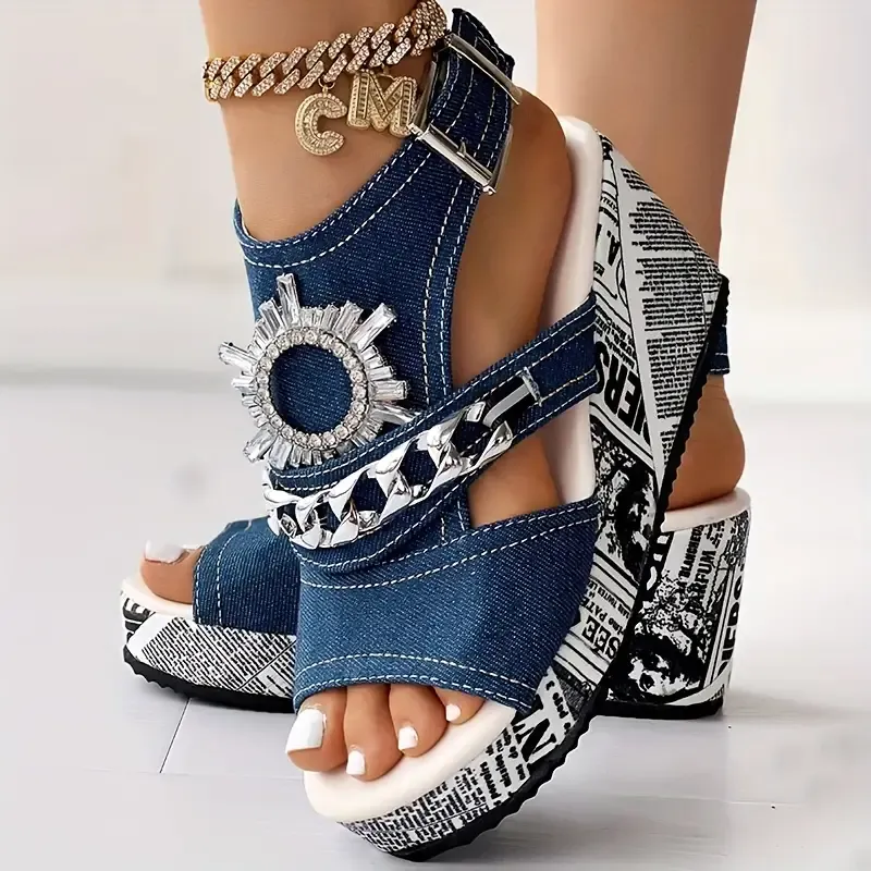 Women's Chain & Rhinestone Decor Sandals, Slingback Peep Toe Ankle Strap Buckle Wedge Shoes, Summer Platform Sandals