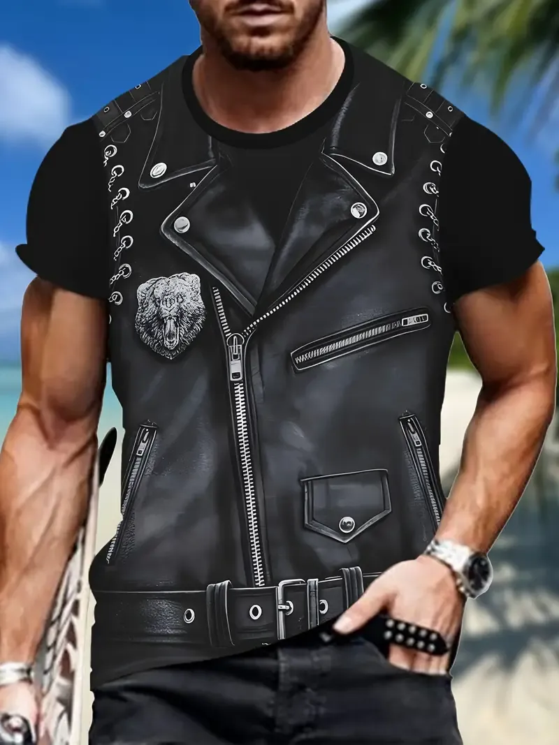 Men's Fake Vest Graphic Print T-shirt, Short Sleeve Crew Neck Tee, Men's Clothing For Summer Outdoor