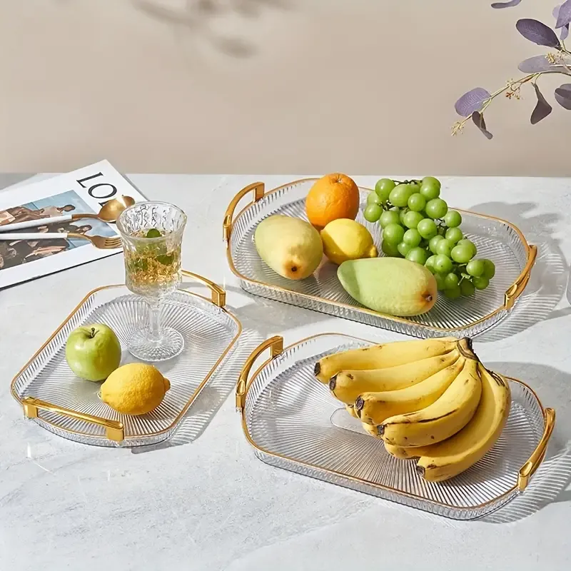 3pcs European Style Gold-Rimmed Acrylic Serving Tray, Rectangular Decorative Platter with Handles for Fruit, Tea, Desserts, and Jewelry Display
