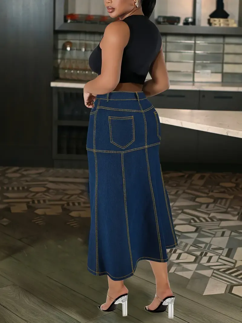Stylish Plus Size Dark Washed Trumpet Denim Skirt - High Waist
