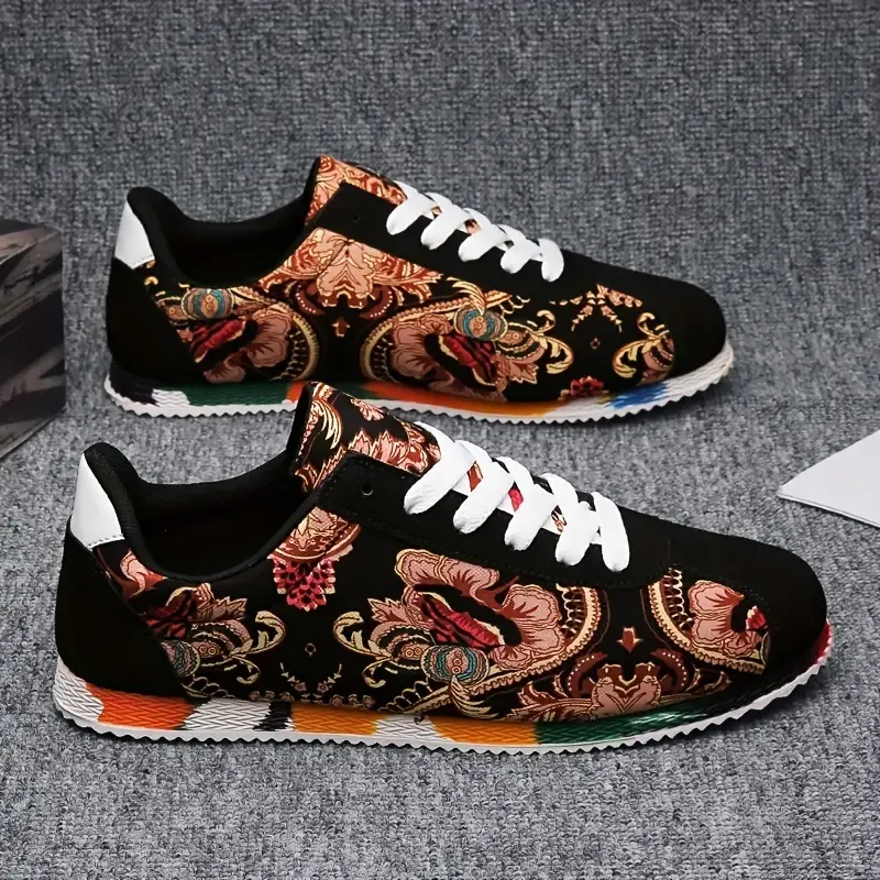 Flowers Pattern Trendy Low Top Jogging Shoes, Men's Comfy Lace Up Sneakers For Outdoor Walking Workout Traveling