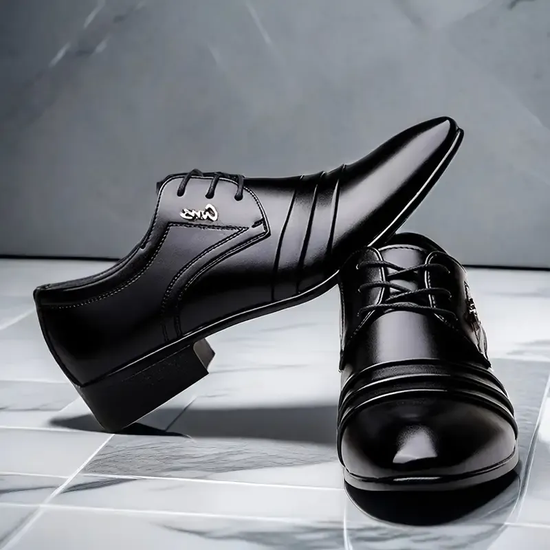 Men's Sleek Black Faux Dress Shoes - Fashionable Lace-Up Business Footwear with Durable TPU Sole