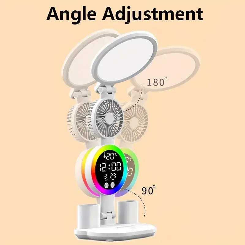 Dimmable LED Desk Lamp with Adjustable Arm, Touch Control, 3-Speed Fan, Indoor Eye Protection Light with Temperature, Time, Date Display, Without Battery - Multifunctional Study Lamp with Fan for Bedroom, Dormitory