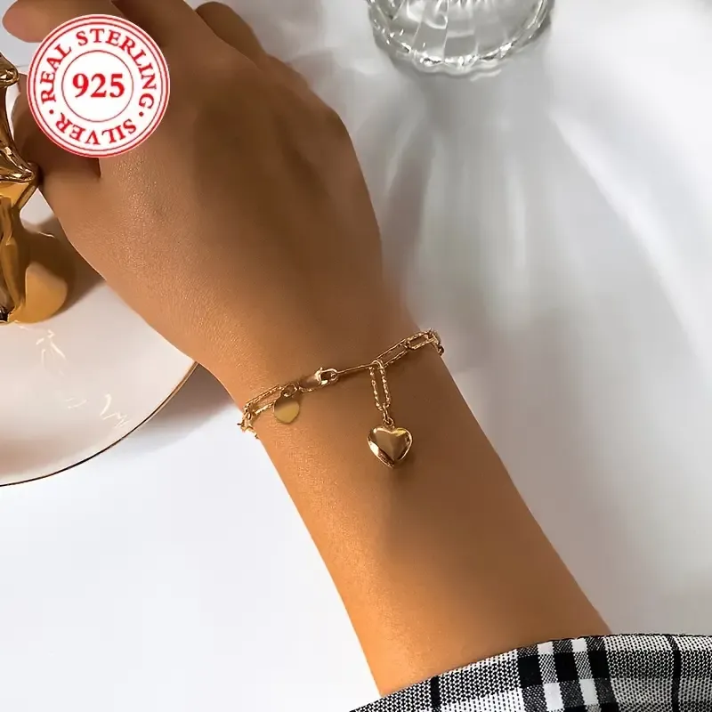 1pc S925 Sterling Silver Chain Bracelet,  Rectangle Pin & Heart Charm, Fashion Vintage Simple Style