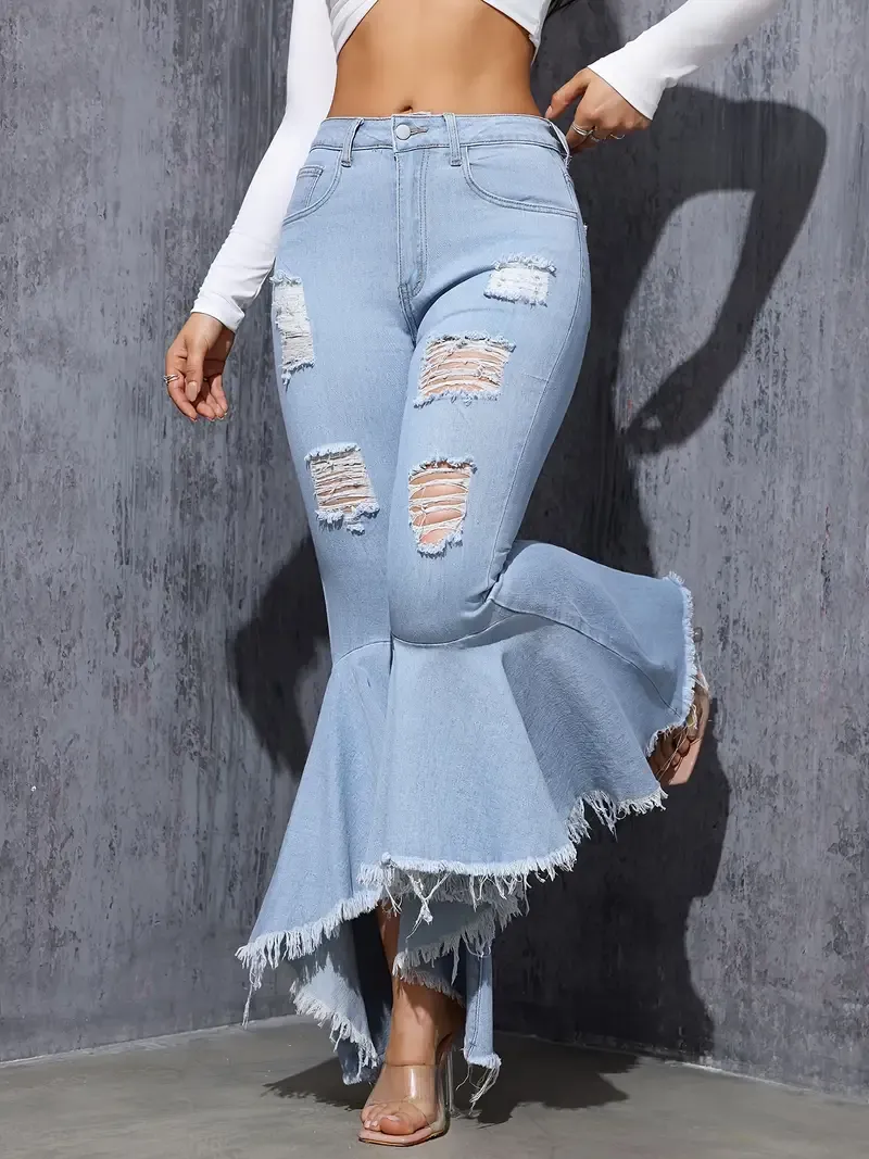 Ripped Raw Hem Flare Leg Bell Bottom Stylish Distressed Plain Washed Blue Elegant Jeans Denim Pants, Women's Denim Jeans & Clothing For Autumn